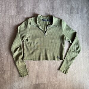 Green Ribbed Long Sleeve Top Quarter Zip